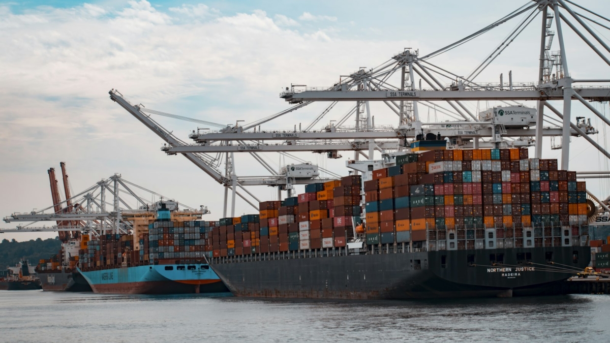 Shipping containers stacked at a port